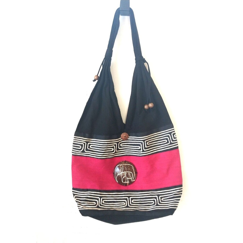 Boho India Hobo Sak Bag Cotton Retro Women's Bead Accent Black/Pink/White